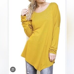Umgee + Asymmetric Long Sleeve Relaxed Silhouette Top Mustard Size 1XL